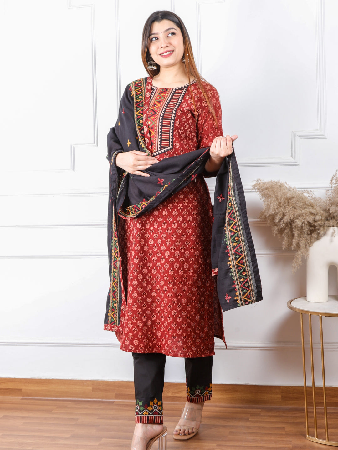 Chaahat Barn Red Kutch Mirror Neck Work Print Cotton 3 Piece Set D4