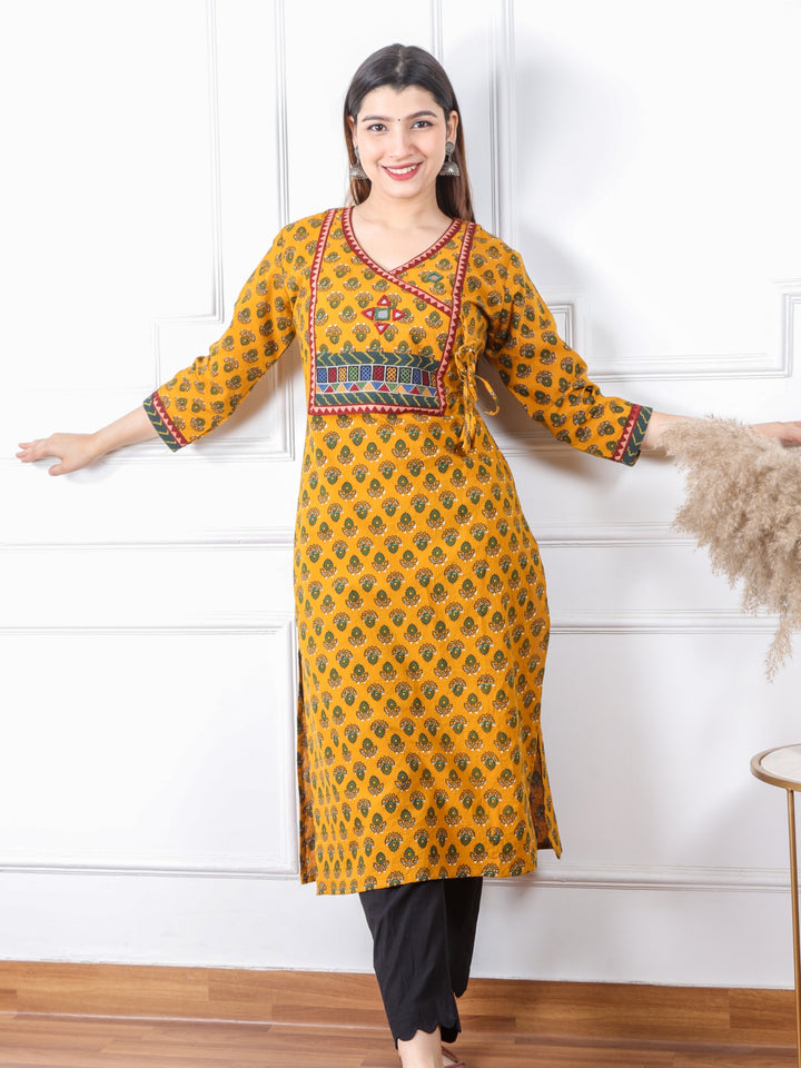 Ghoomer Bright Yellow Angrakha Style Neck Work Print Cotton Kurti-D2