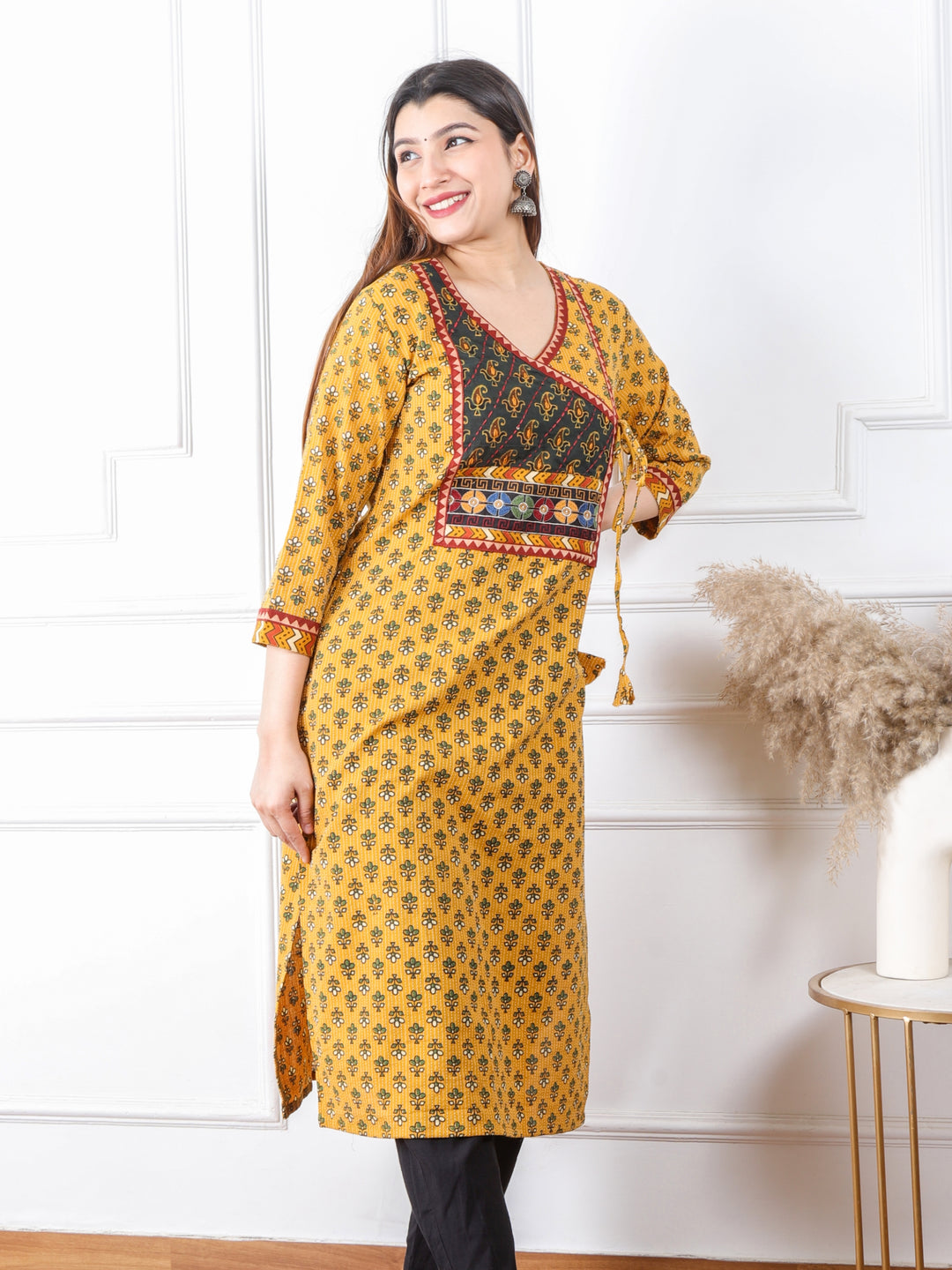 Ghoomer Dijon Yellow Angrakha Style Neck Work Print Cotton Kurti-D1