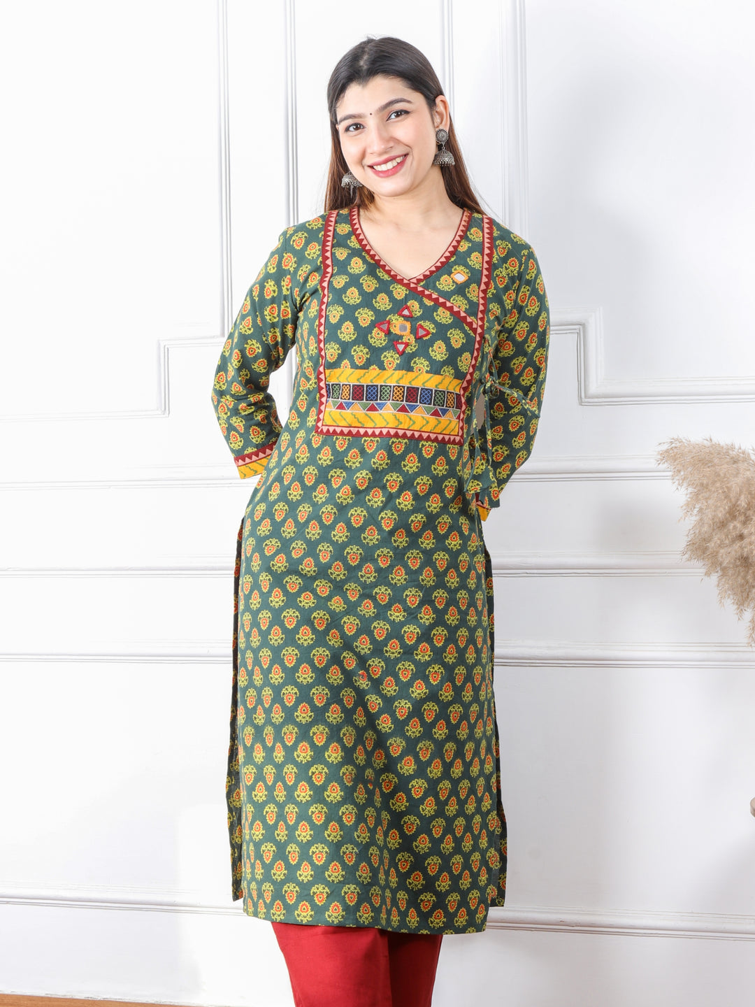 Ghoomer Grass Green Angrakha Style Neck Work Print Cotton Kurti-D2