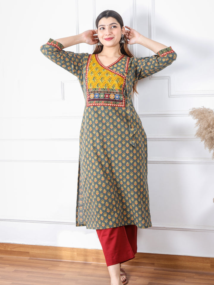 Ghoomer Grass Green Angrakha Style Neck Work Print Cotton Kurti-D1