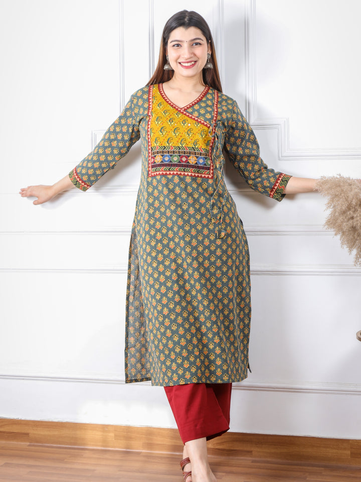 Ghoomer Grass Green Angrakha Style Neck Work Print Cotton Kurti-D1