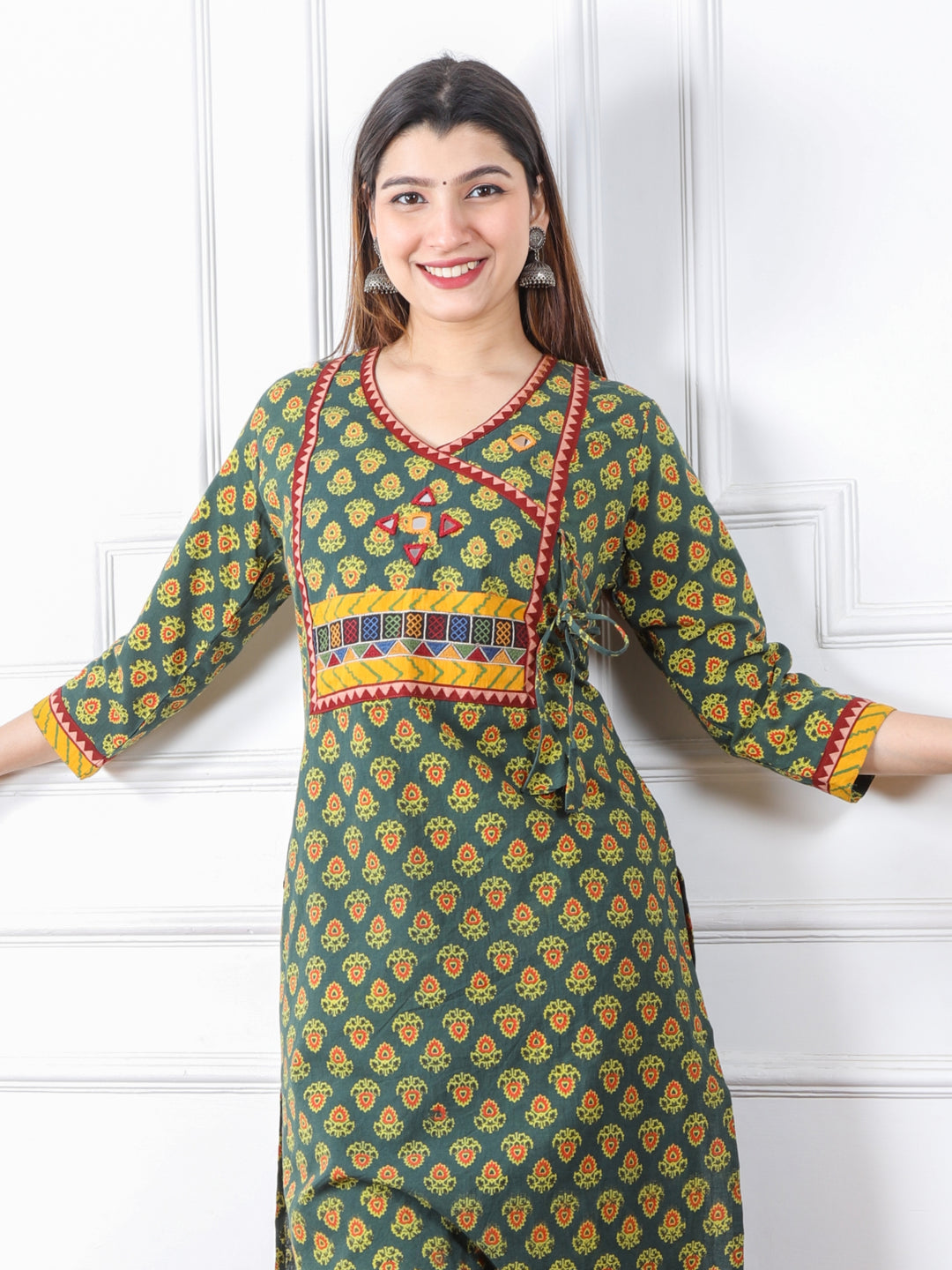 Ghoomer Grass Green Angrakha Style Neck Work Print Cotton Kurti-D2