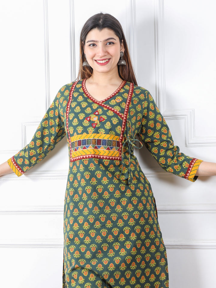 Ghoomer Grass Green Angrakha Style Neck Work Print Cotton Kurti-D2