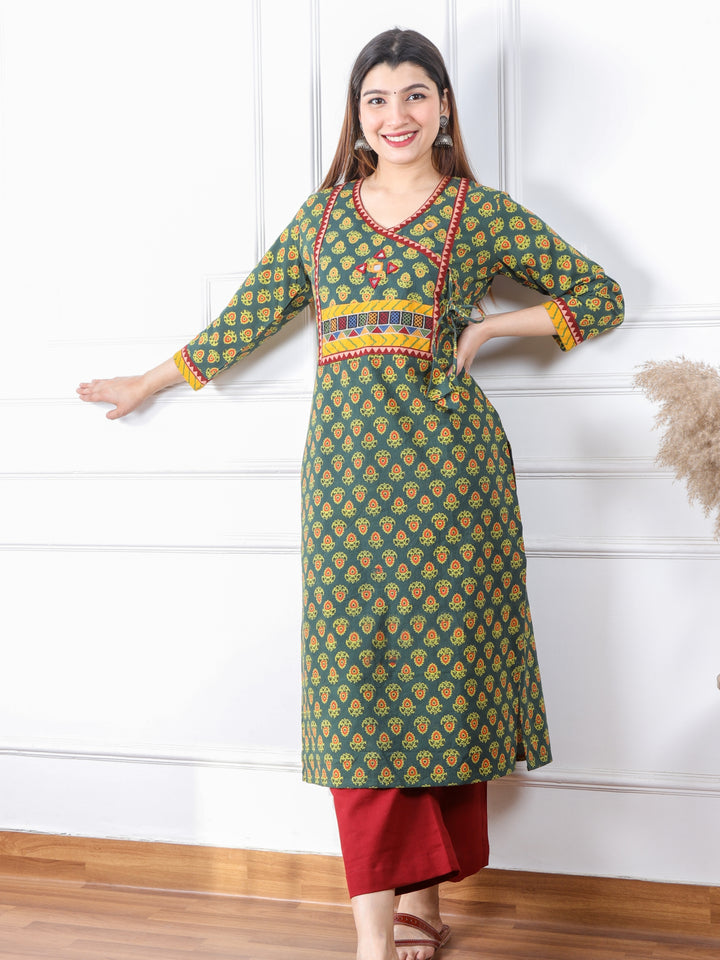 Ghoomer Grass Green Angrakha Style Neck Work Print Cotton Kurti-D2