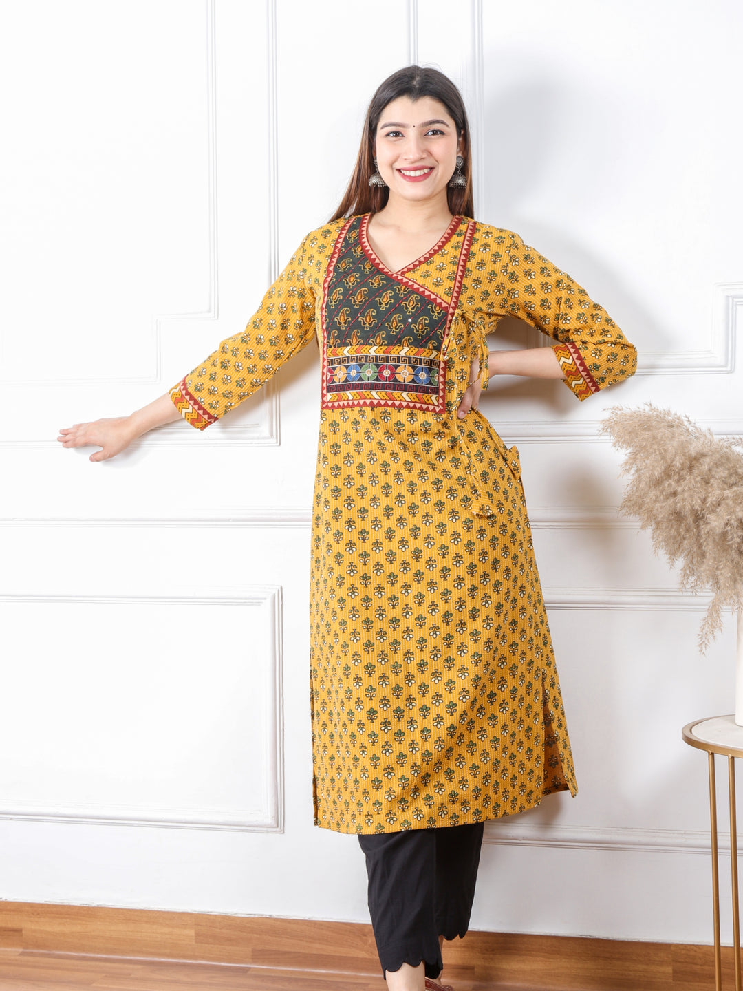 Ghoomer Dijon Yellow Angrakha Style Neck Work Print Cotton Kurti-D1