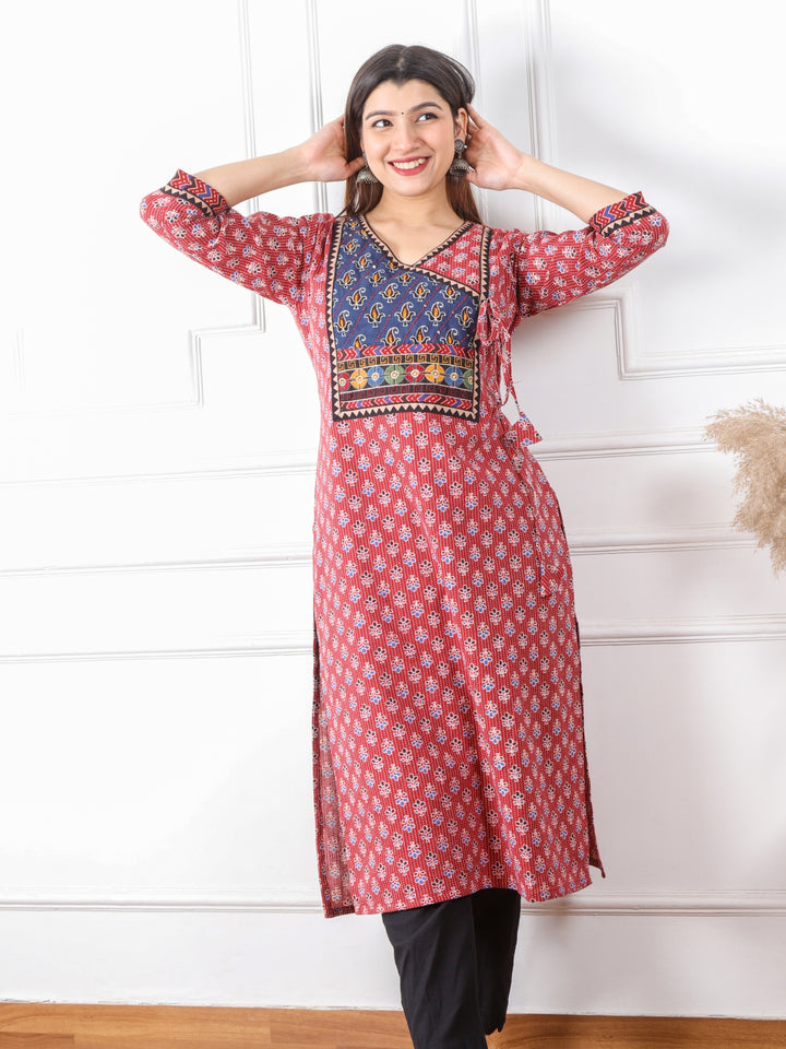 Ghoomer Apple Red Angrakha Style Neck Work Print Cotton Kurti-D1