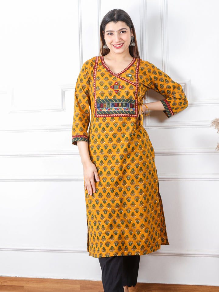 Ghoomer Bright Yellow Angrakha Style Neck Work Print Cotton Kurti-D2
