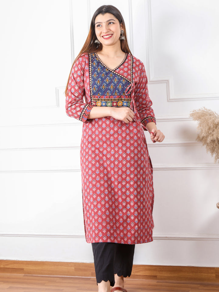 Ghoomer Apple Red Angrakha Style Neck Work Print Cotton Kurti-D1
