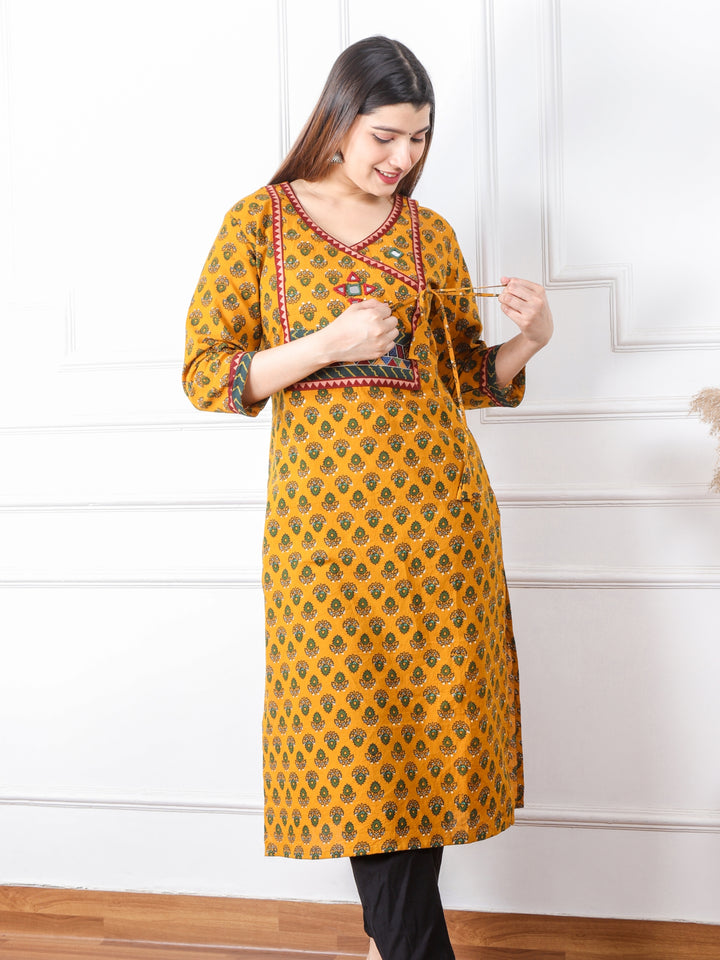 Ghoomer Bright Yellow Angrakha Style Neck Work Print Cotton Kurti-D2