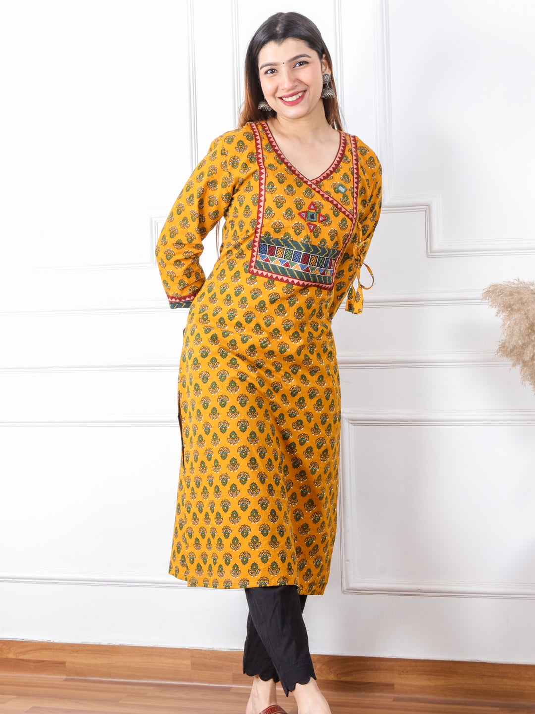Ghoomer Bright Yellow Angrakha Style Neck Work Print Cotton Kurti-D2