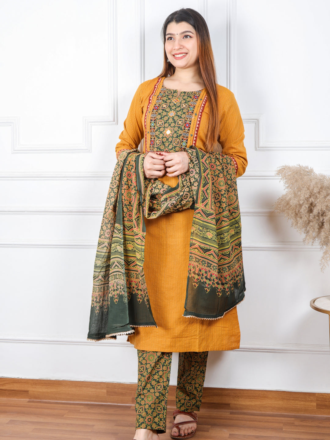 Ghoomar Canary Yellow Running Stitch With Mirror Work Cotton 3 Piece Set D2