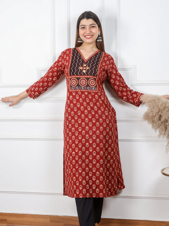 Ghoomer Cherry Red Mirror V Neck Kutch Embroidery Ajrak Print Cotton Kurti-D6