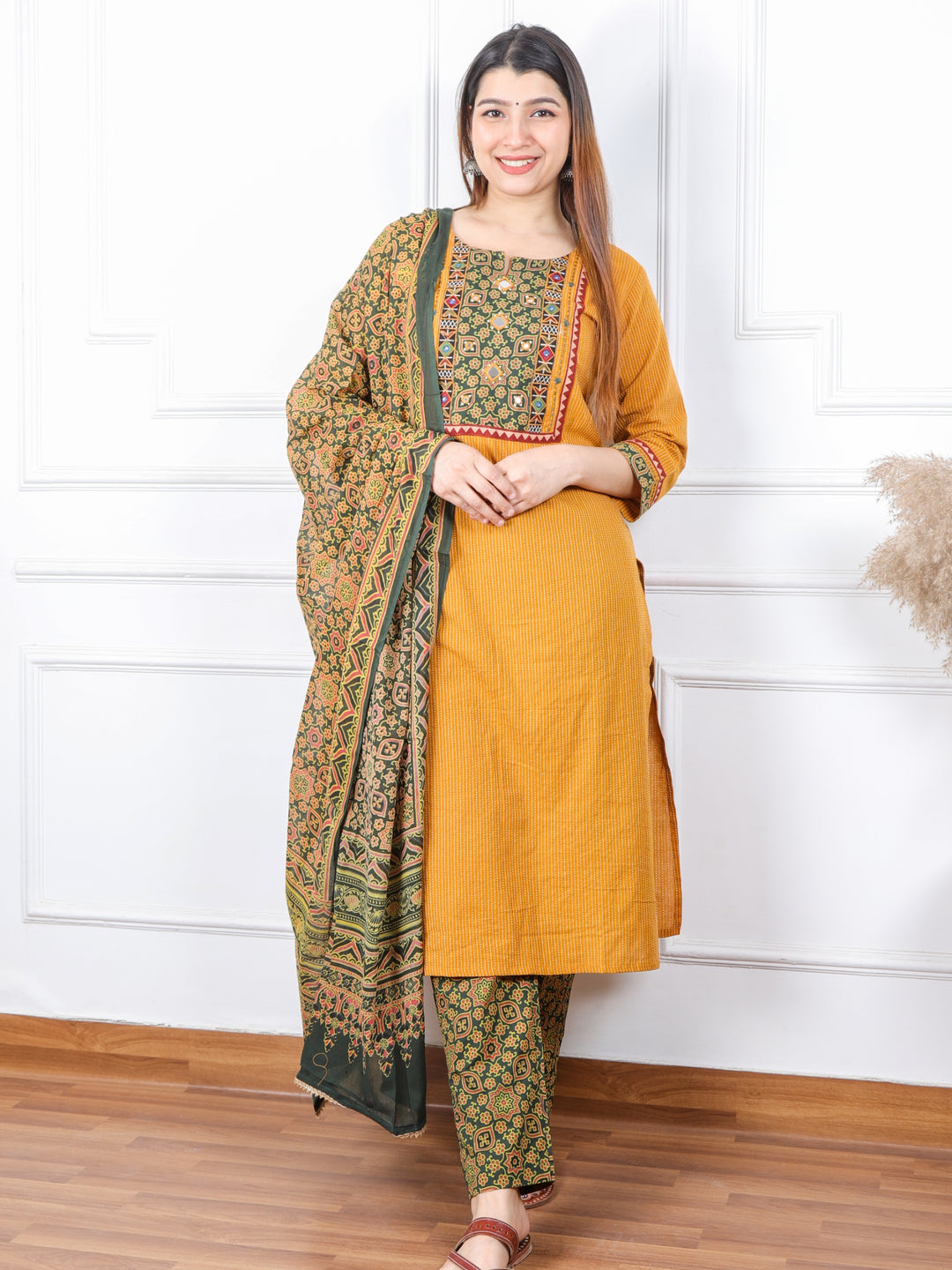 Ghoomar Canary Yellow Running Stitch With Mirror Work Cotton 3 Piece Set D2