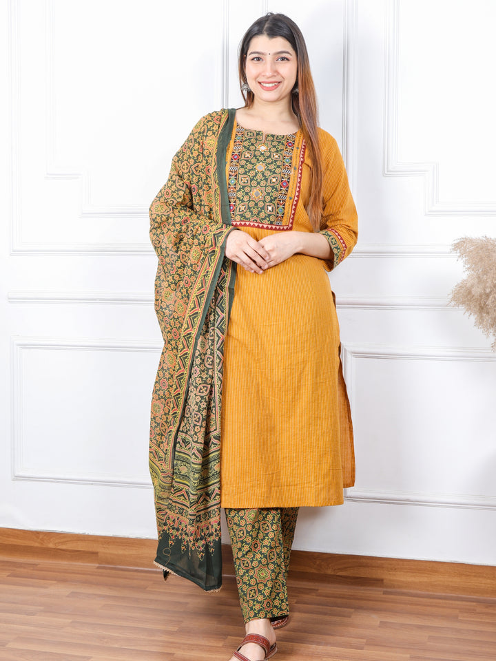 Ghoomar Canary Yellow Running Stitch With Mirror Work Cotton 3 Piece Set D2