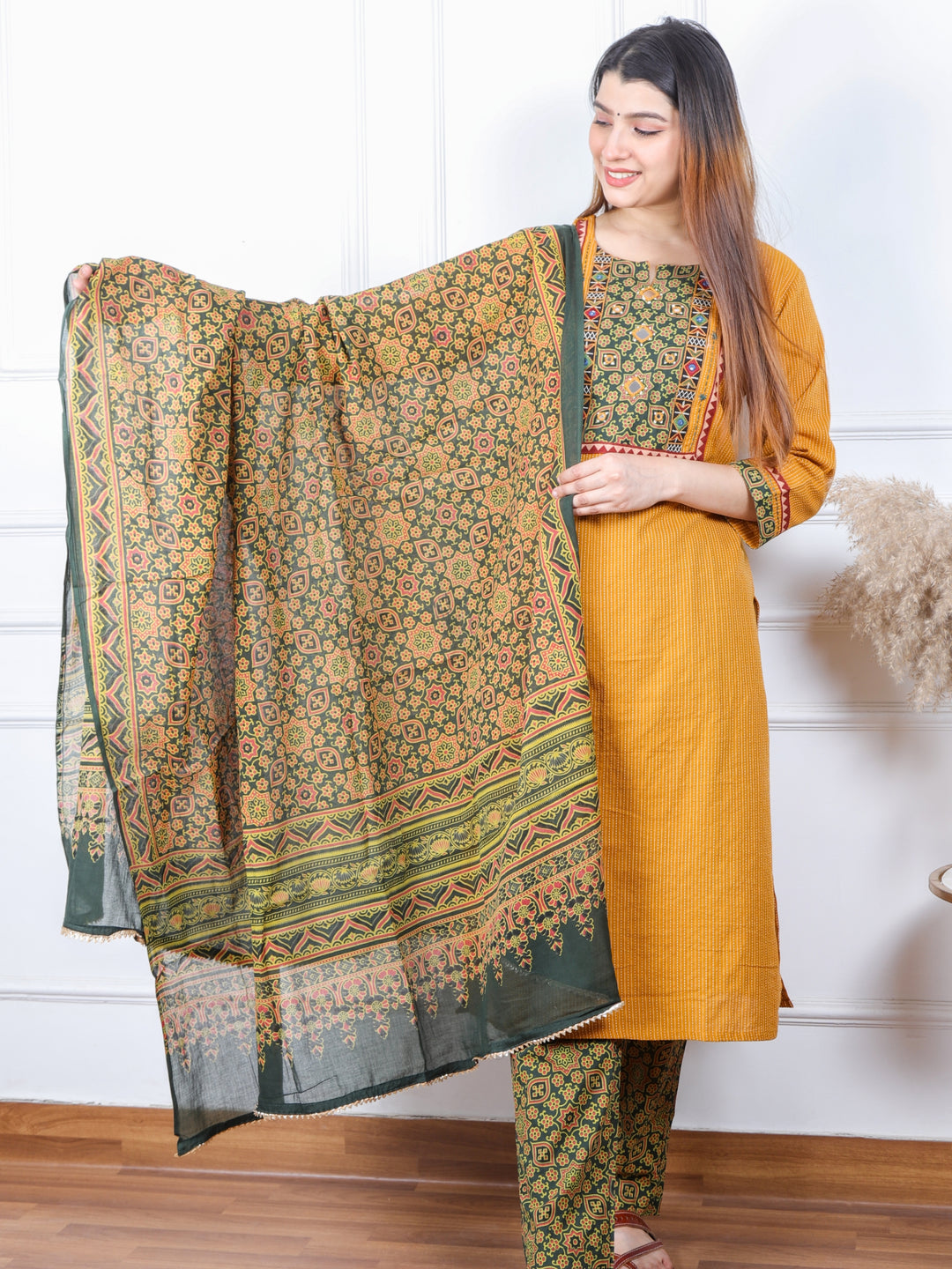Ghoomar Canary Yellow Running Stitch With Mirror Work Cotton 3 Piece Set D2