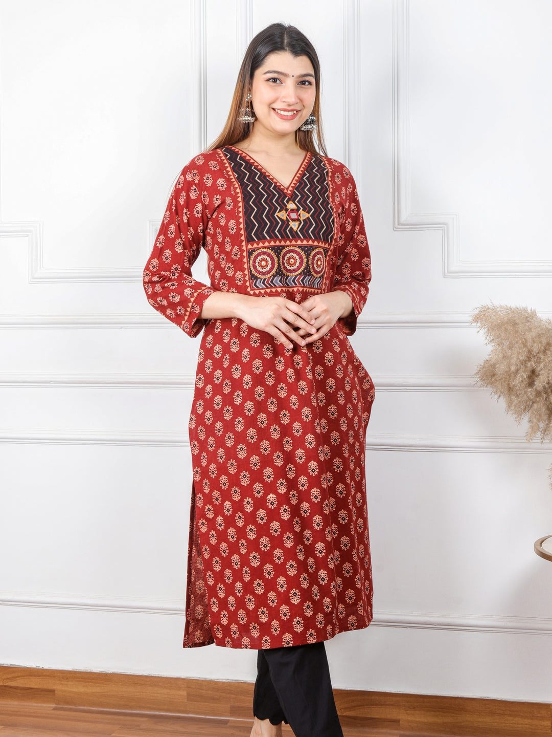 Ghoomer Cherry Red Mirror V Neck Kutch Embroidery Ajrak Print Cotton Kurti-D6