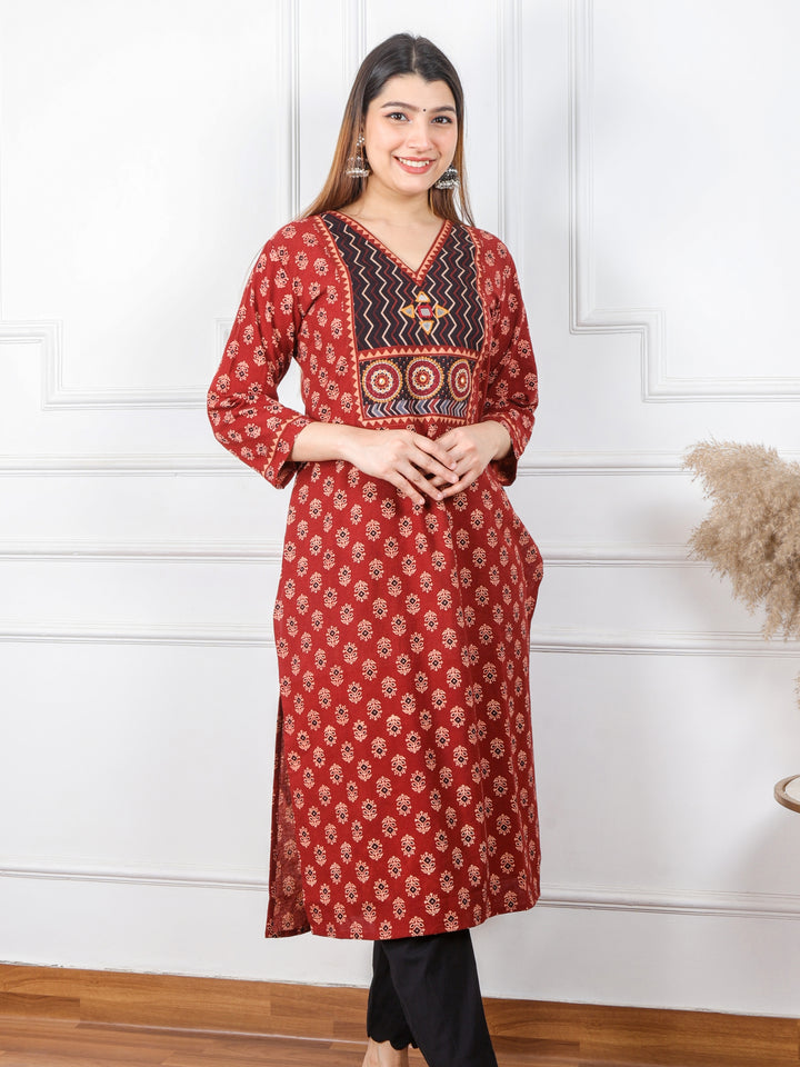 Ghoomer Cherry Red Mirror V Neck Kutch Embroidery Ajrak Print Cotton Kurti-D6
