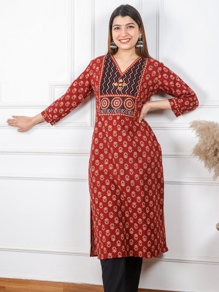 Ghoomer Cherry Red Mirror V Neck Kutch Embroidery Ajrak Print Cotton Kurti-D6