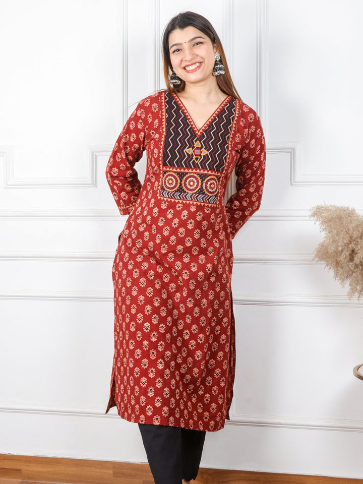 Ghoomer Cherry Red Mirror V Neck Kutch Embroidery Ajrak Print Cotton Kurti-D6