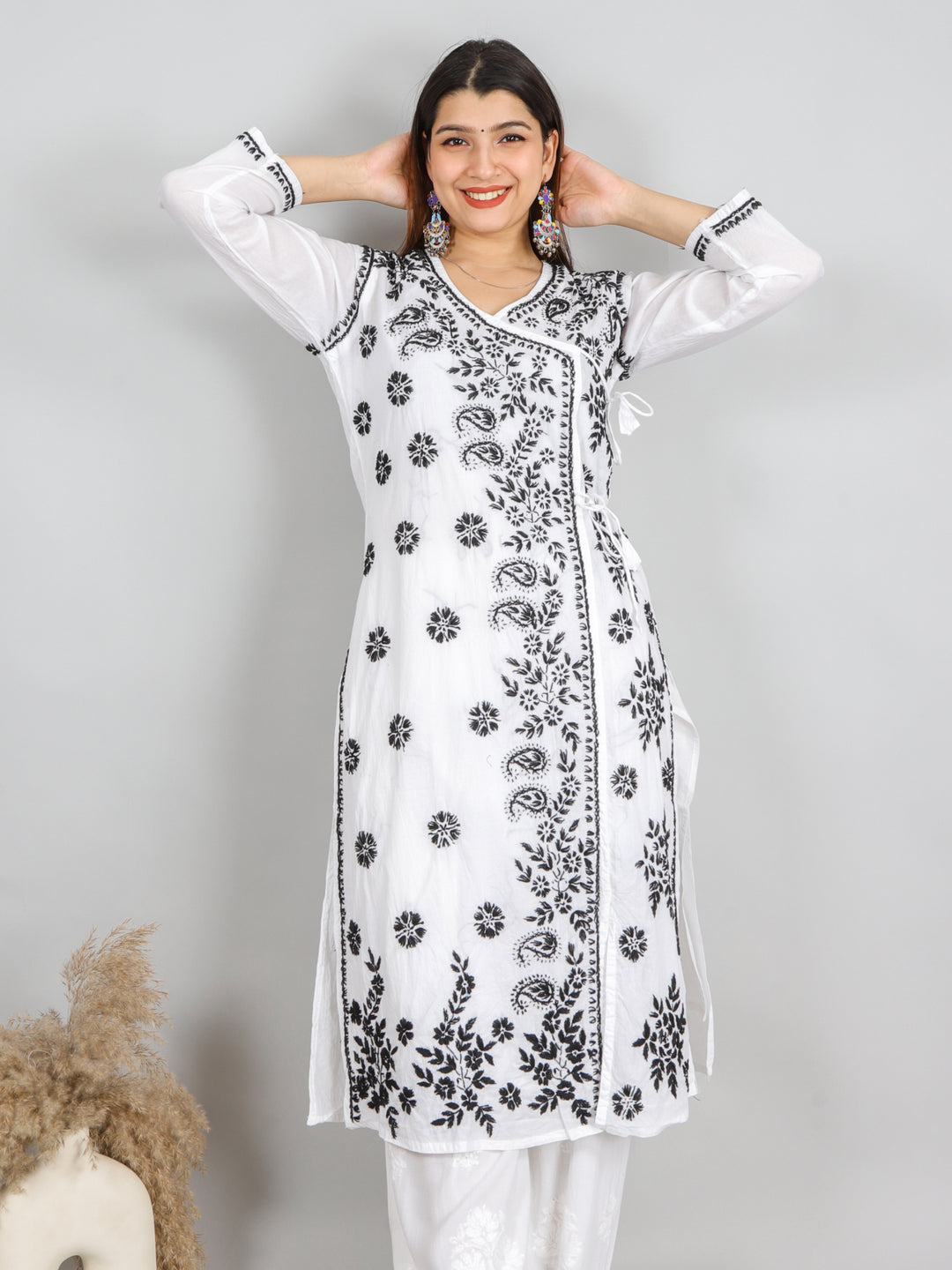 Raavi Black and White Angrakha Cotton Chikankari Kurti