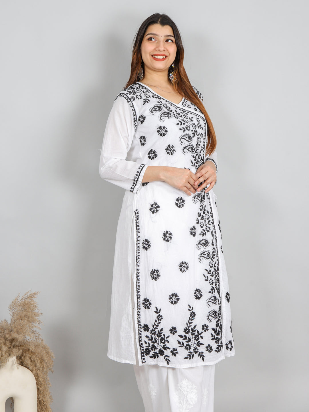 Raavi Black and White Angrakha Cotton Chikankari Kurti