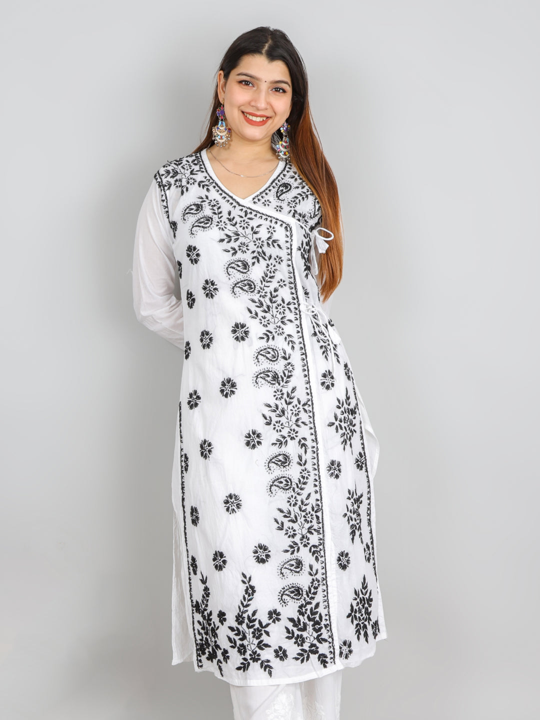 Raavi Black and White Angrakha Cotton Chikankari Kurti