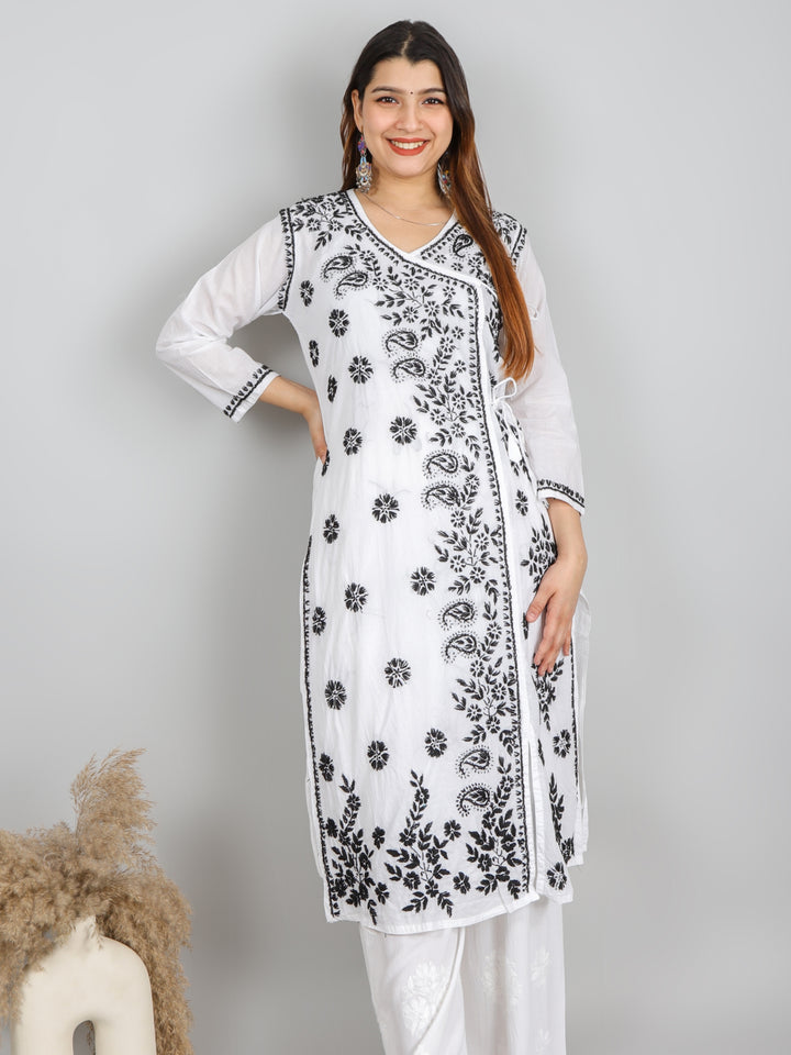 Raavi Black and White Angrakha Cotton Chikankari Kurti