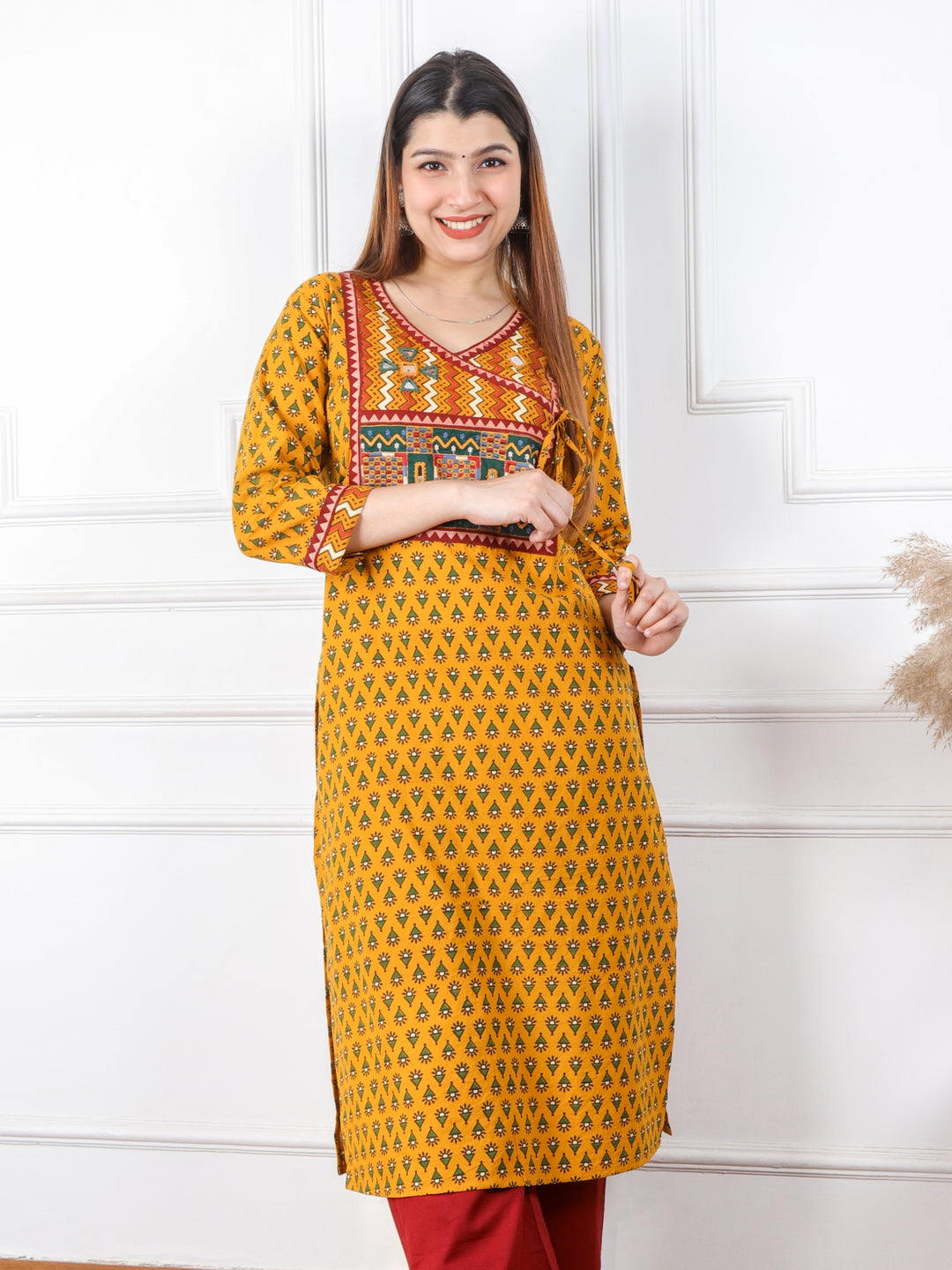 Ghoomer Bright Yellow Angrakha Style Neck Work Print Cotton Kurti-D3