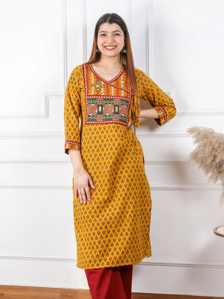 Ghoomer Bright Yellow Angrakha Style Neck Work Print Cotton Kurti-D3