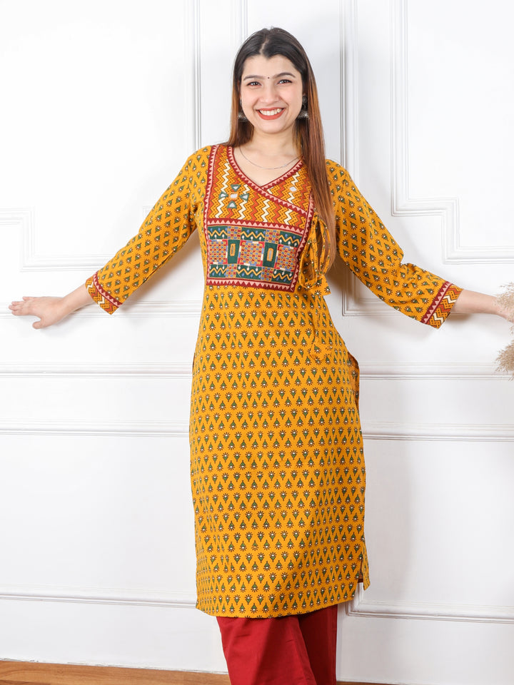 Ghoomer Bright Yellow Angrakha Style Neck Work Print Cotton Kurti-D3