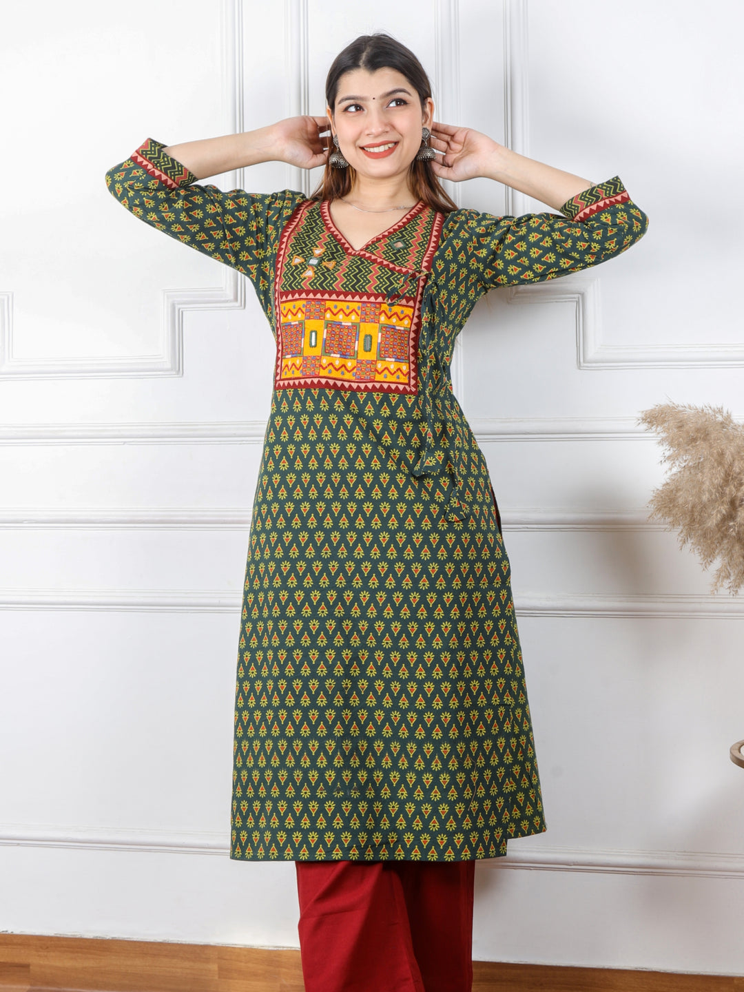 Ghoomer Grass Green Angrakha Style Neck Work Print Cotton Kurti-D3