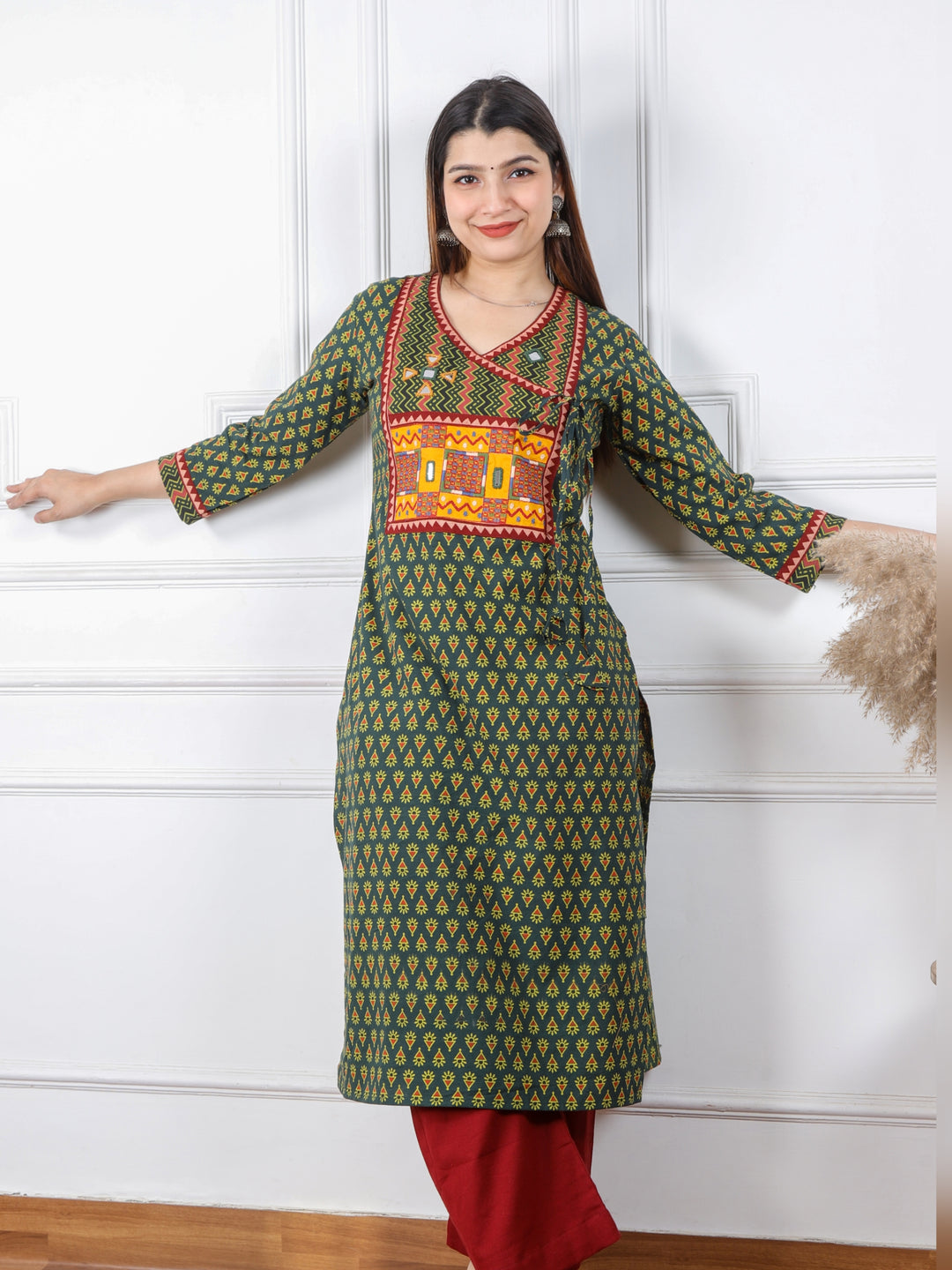 Ghoomer Grass Green Angrakha Style Neck Work Print Cotton Kurti-D3