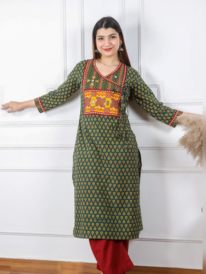 Ghoomer Grass Green Angrakha Style Neck Work Print Cotton Kurti-D3