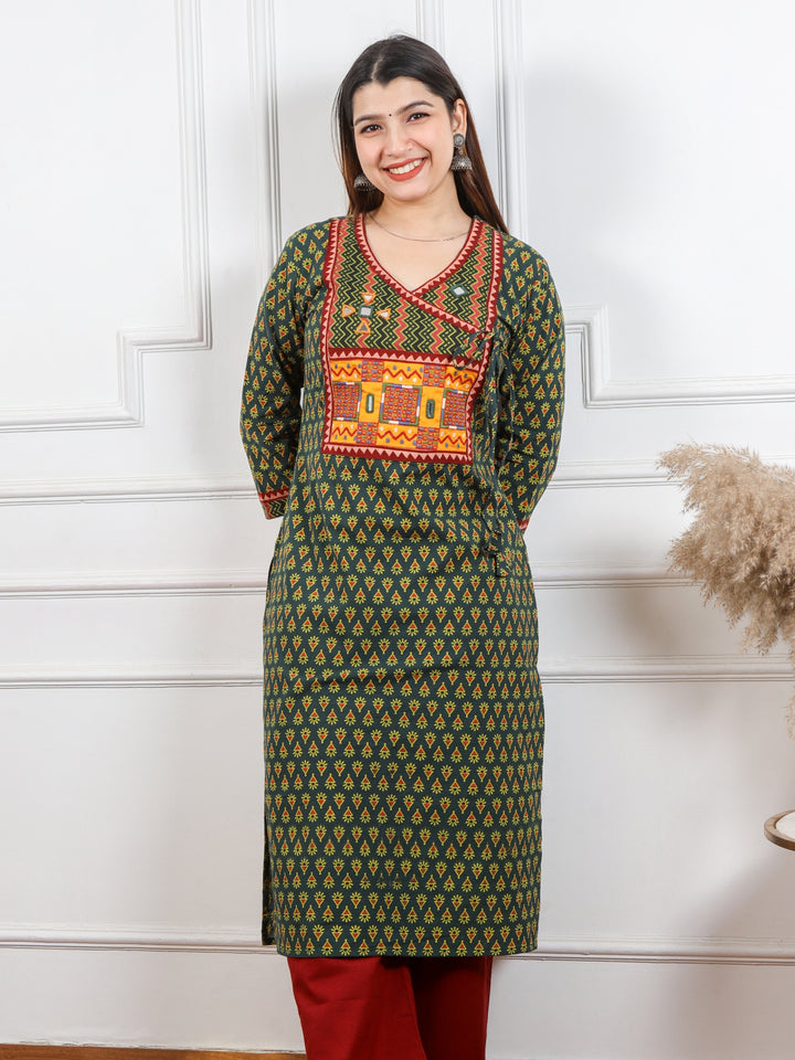 Ghoomer Grass Green Angrakha Style Neck Work Print Cotton Kurti-D3