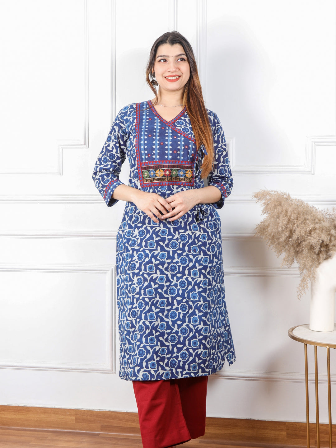 Chaahat Indigo Blue Kutch Mirror Neck Work Angrakha Cotton Kurti-D1