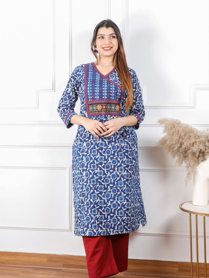 Chaahat Indigo Blue Kutch Mirror Neck Work Angrakha Cotton Kurti-D1