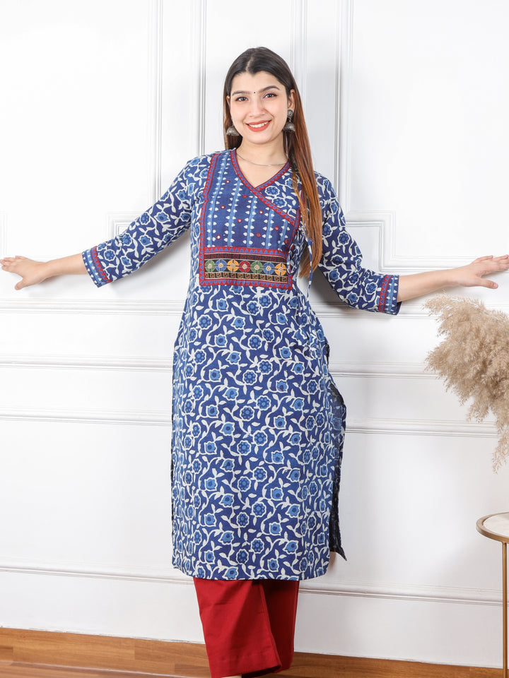 Chaahat Indigo Blue Kutch Mirror Neck Work Angrakha Cotton Kurti-D1