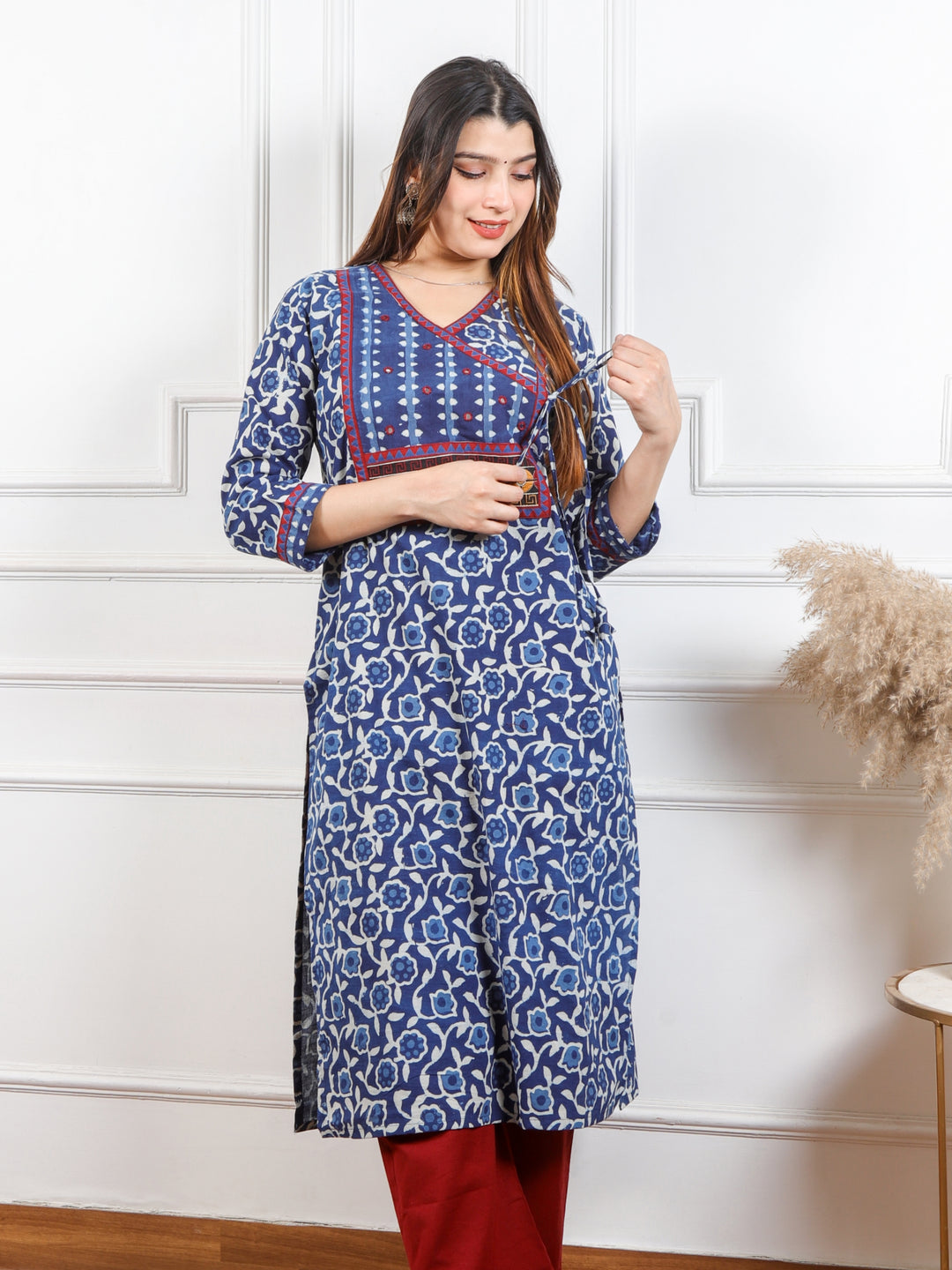 Chaahat Indigo Blue Kutch Mirror Neck Work Angrakha Cotton Kurti-D1