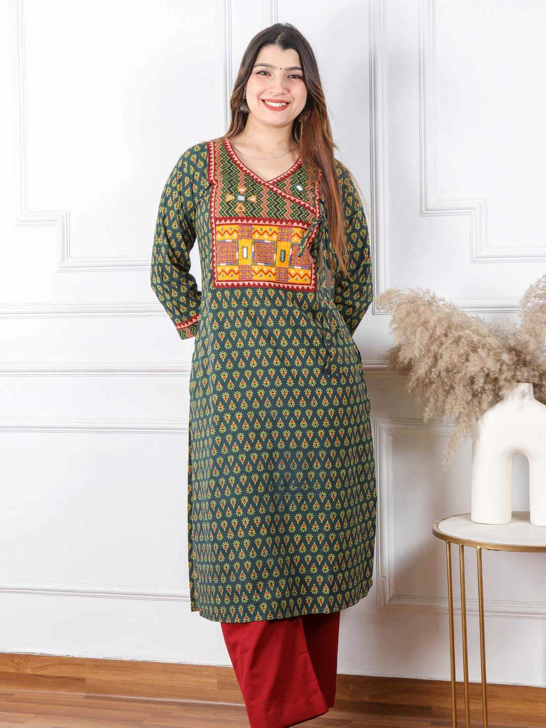 Ghoomer Grass Green Angrakha Style Neck Work Print Cotton Kurti-D3