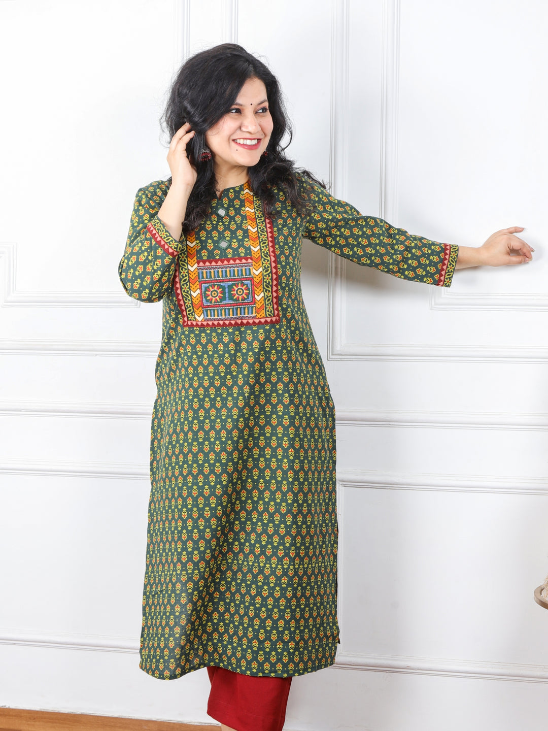 Ghoomer Dark Green Mirror Neck Kutch Embroidery Ajrak Print Cotton Kurti-D8