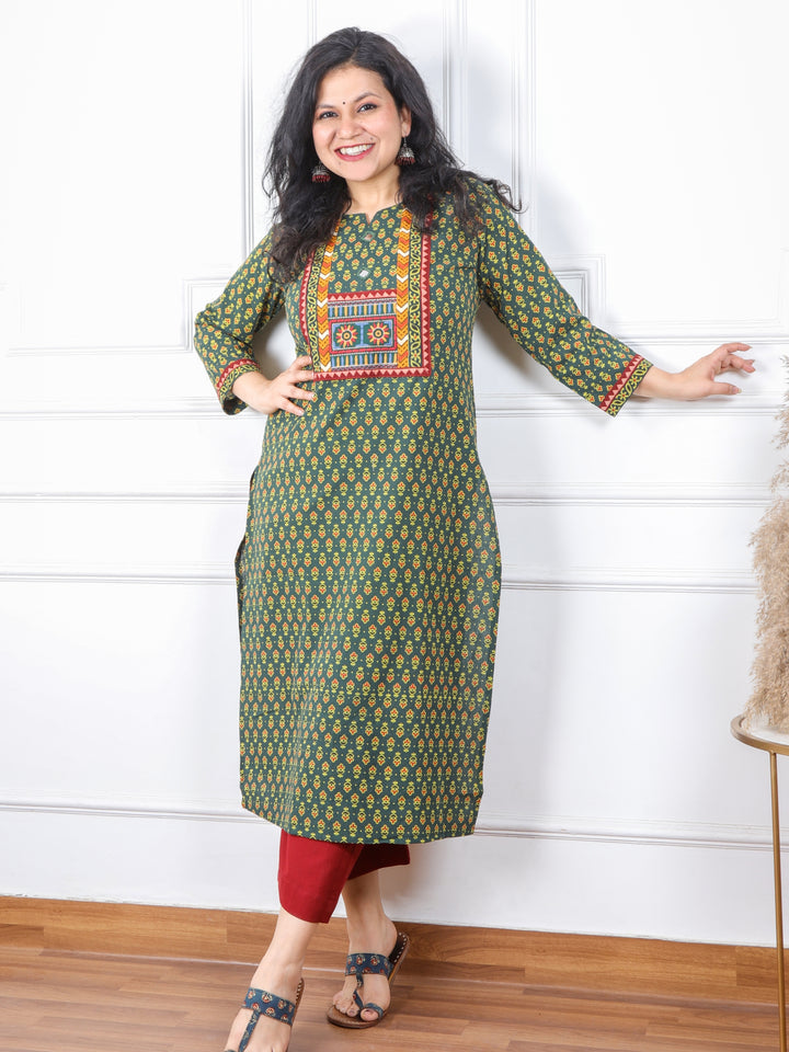 Ghoomer Dark Green Mirror Neck Kutch Embroidery Ajrak Print Cotton Kurti-D8