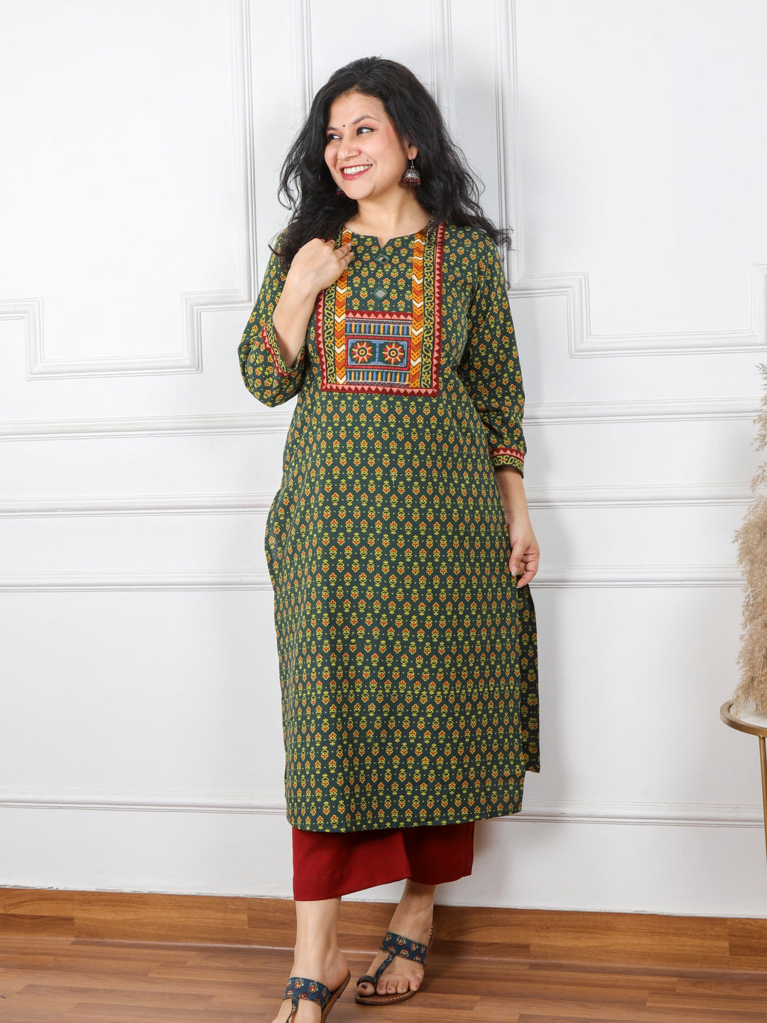 Ghoomer Dark Green Mirror Neck Kutch Embroidery Ajrak Print Cotton Kurti-D8