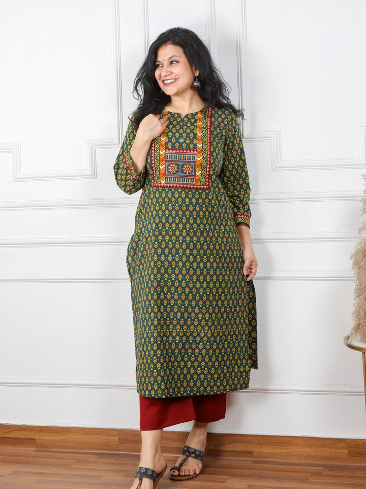 Ghoomer Dark Green Mirror Neck Kutch Embroidery Ajrak Print Cotton Kurti-D8
