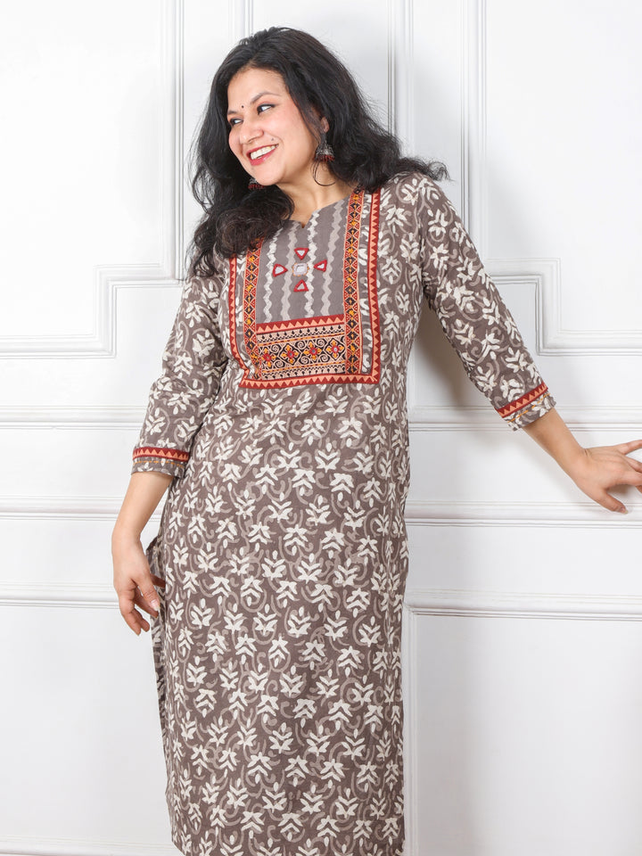 Ghoomar Latte Brown Kutch Mirror Neck Work Ajrak Print Cotton Kurti-D1