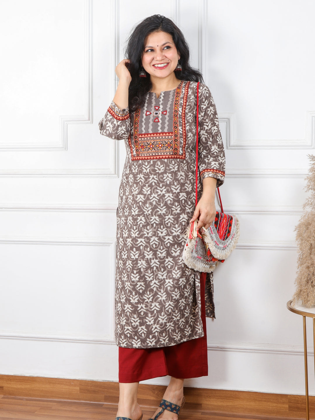 Ghoomar Latte Brown Kutch Mirror Neck Work Ajrak Print Cotton Kurti-D1
