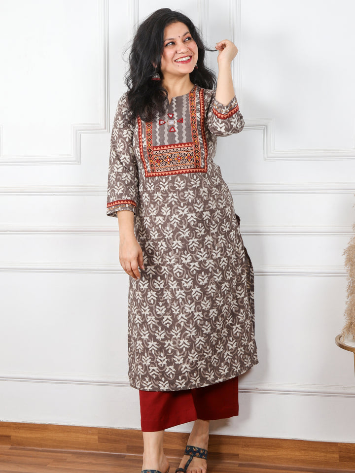 Ghoomar Latte Brown Kutch Mirror Neck Work Ajrak Print Cotton Kurti-D1