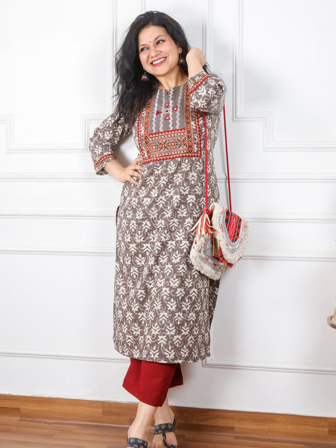 Ghoomar Latte Brown Kutch Mirror Neck Work Ajrak Print Cotton Kurti-D1