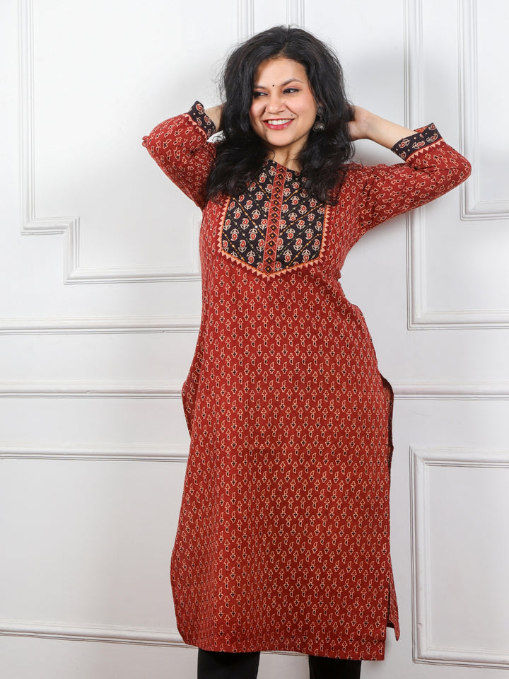 Ghoomer Cherry Red Mirror  Neck Kutch Embroidery Ajrak Print Cotton Kurti-D7