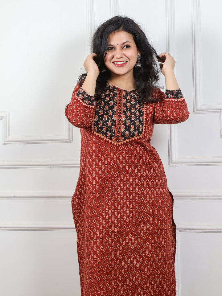 Ghoomer Cherry Red Mirror  Neck Kutch Embroidery Ajrak Print Cotton Kurti-D7
